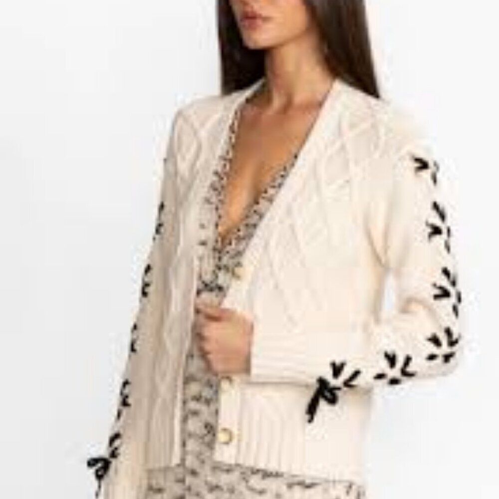 Johnny Was The Anessa Bow Cardigan, Ivory with Black Ribbon Sleeve Accents NWOT